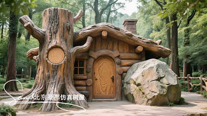 1761013389291285.jpeg jimeng-2025-06-12-7046-水泥塑石仿木屋,一座造型獨特的建筑,外觀模仿了一段巨大的原木 。屋邊有一塊大石頭....jpeg