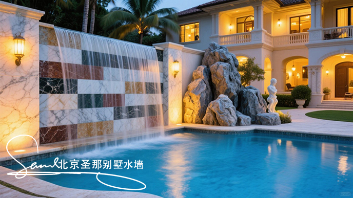 jimeng-2025-06-20-8482-這是一別墅處戶外大理石制作的平板水墻景觀。水墻由多種平面石板組成漂亮的效果。水從....jpeg