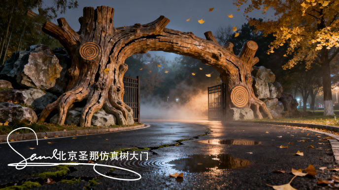 jimeng-2025-10-26-1700-這張圖片展示的是一處仿木景觀大門，屬于園林景觀造景的典型作品。 主體結構：大門以....png